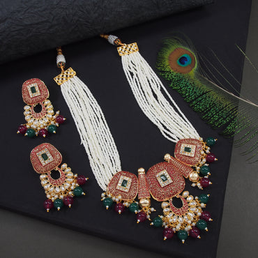 Meenakari Copper Pearl Mala Necklace Set with Matching Earrings