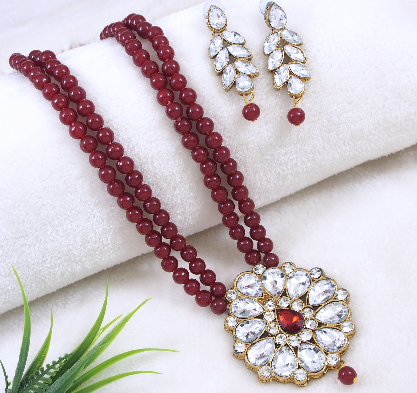 Double Layer Beaded Necklace Set with Stone Studded Pendant & Matching Earrings