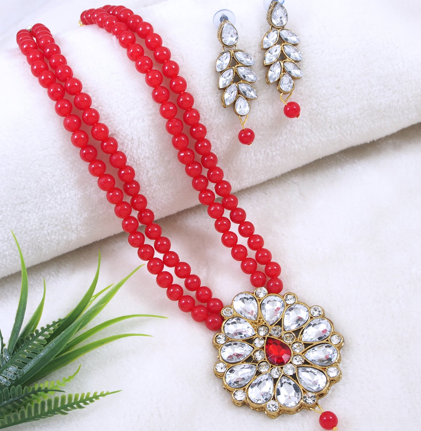 Double Layer Beaded Necklace Set with Stone Studded Pendant & Matching Earrings – Traditional Jewellery