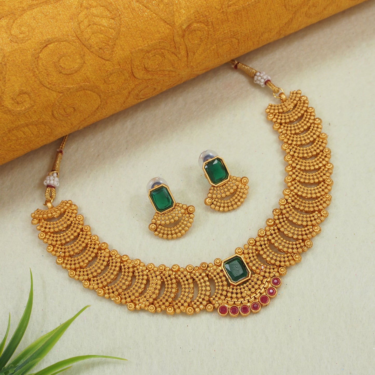 Fashionable Gold Toned Square Shape MG Colour Stone Studded Choker Temple Necklace With Matching Earring For Women And Girls