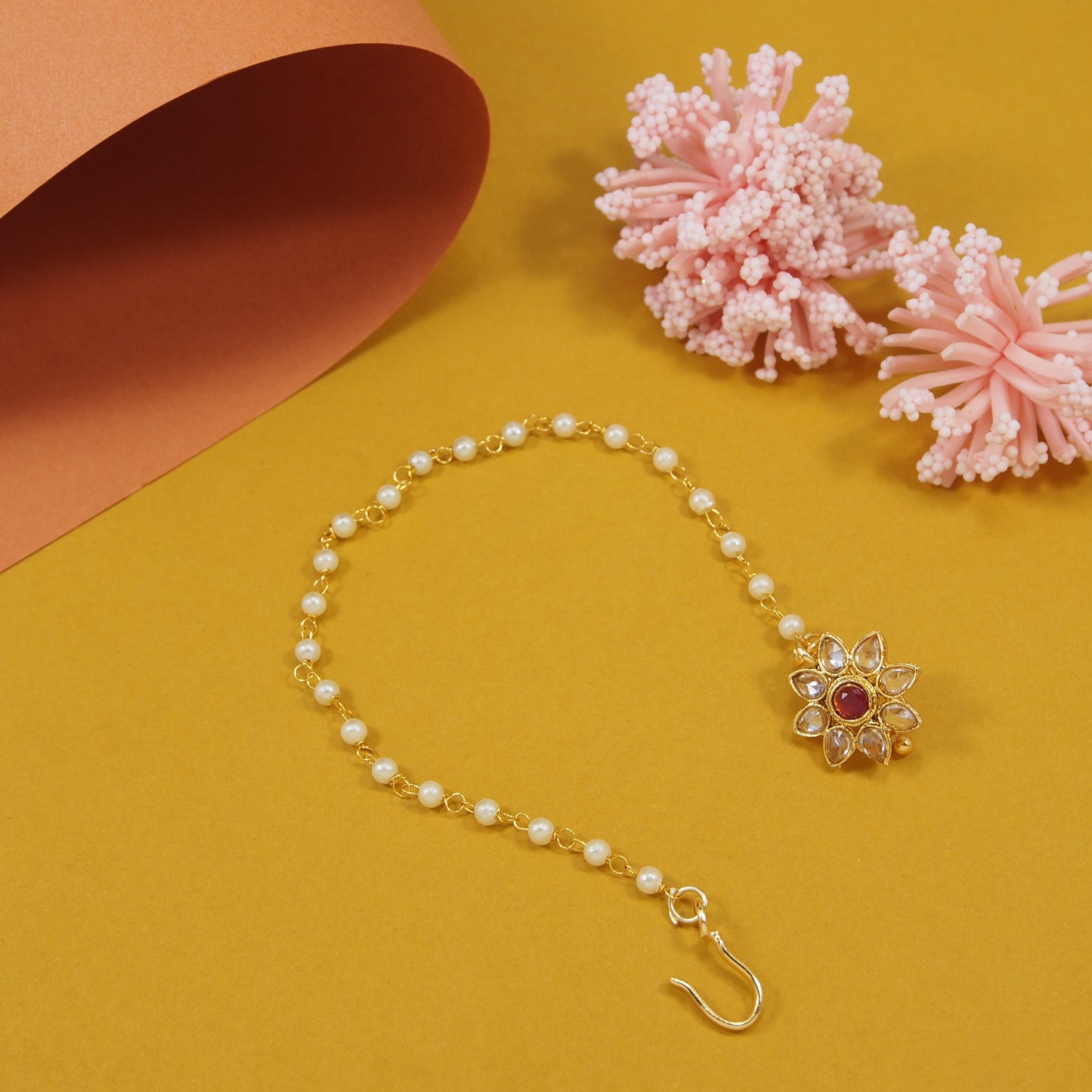 Traditional Gold-Plated Non-Pierced Nose Ring Nath With Pearl Chain For Woman