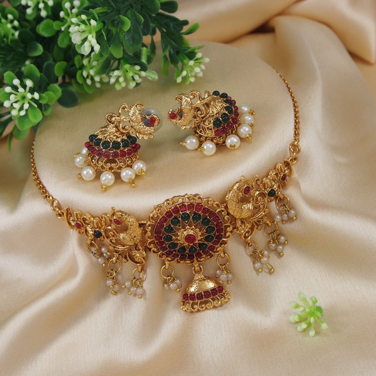 Beautiful South Indian Gold Plated Peacock Necklace Pearl Dropped Temple Jewellery Set With Jhumki Earrings For Women And Girls