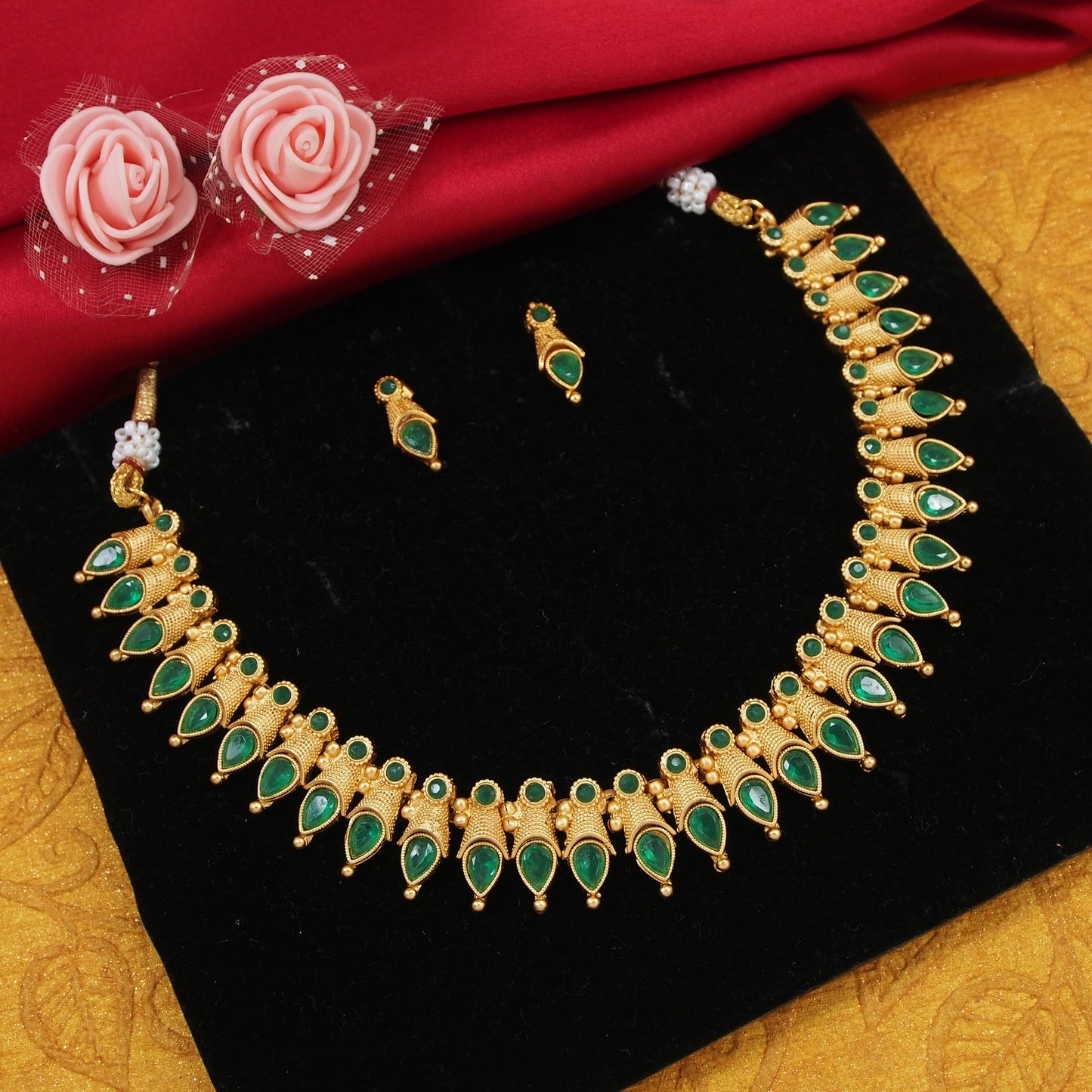 Classic And Fancy Gold Plated Tear Dropped Temple Choker Necklace With Earring Jewellery Set For Women And Girls