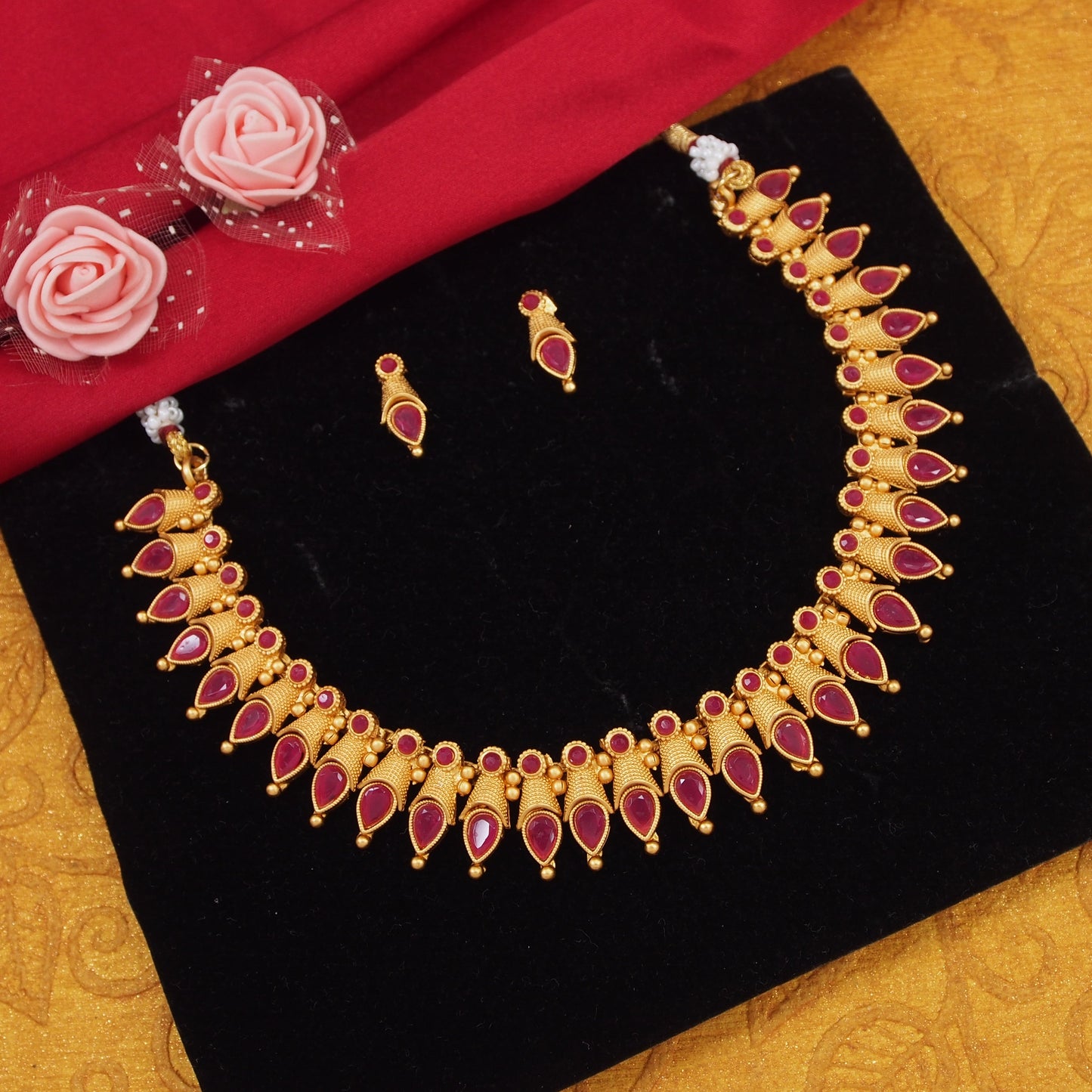 Classic And Fancy Gold Plated Tear Dropped Temple Choker Necklace With Earring Jewellery Set For Women And Girls