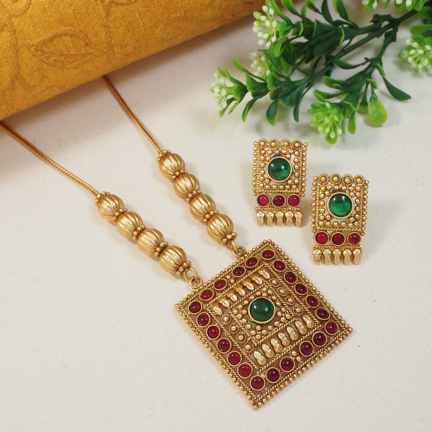 Matte Gold Square Pendant Temple Jewellery Set