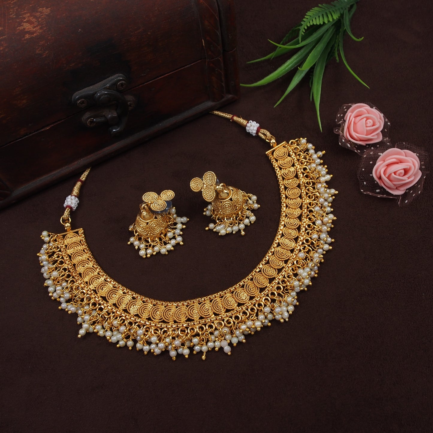 Beautiful Classic Gold Plated Jalebi Shape And Pearl Dropped Temple Choker Necklace With Earring Jewellery Set For Women And Girls