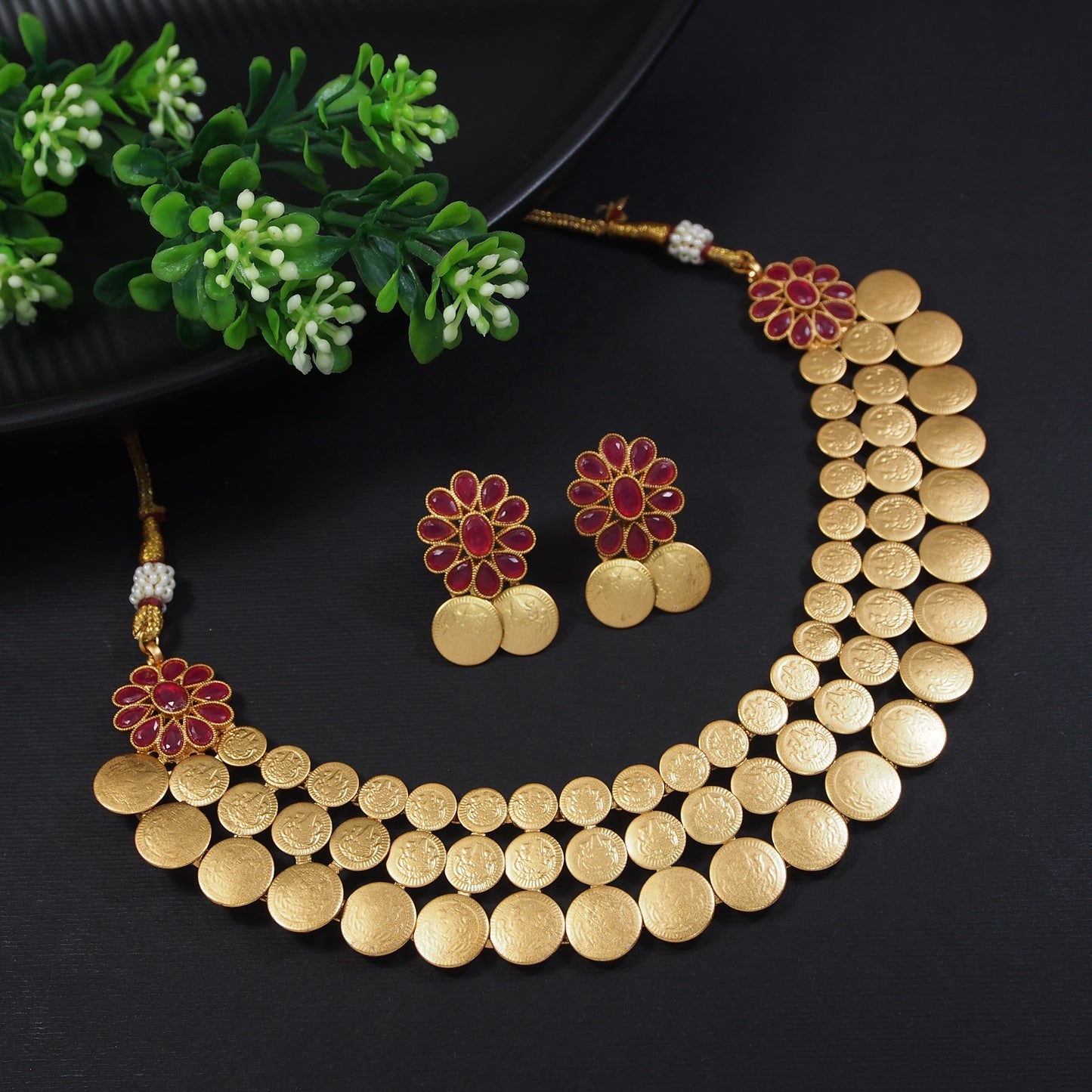 Lakshmi with Emerald Green Floral Accents Gold Coin Temple Choker Set