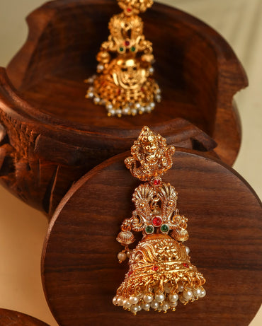 Antique Matte Gold Temple Lakshmi Jhumka with Ruby, Emerald & Pearl Drops