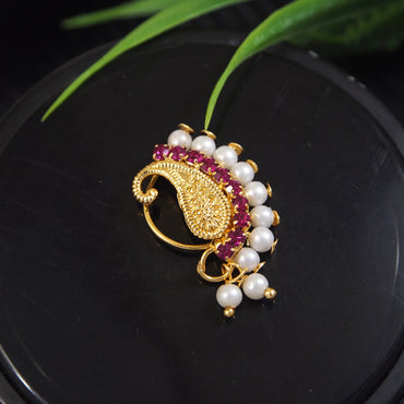 Traditional Pearl Nose Ring For Women Without Piercing Pearl Gold Plated Nath Nose Ring For Girls And Women