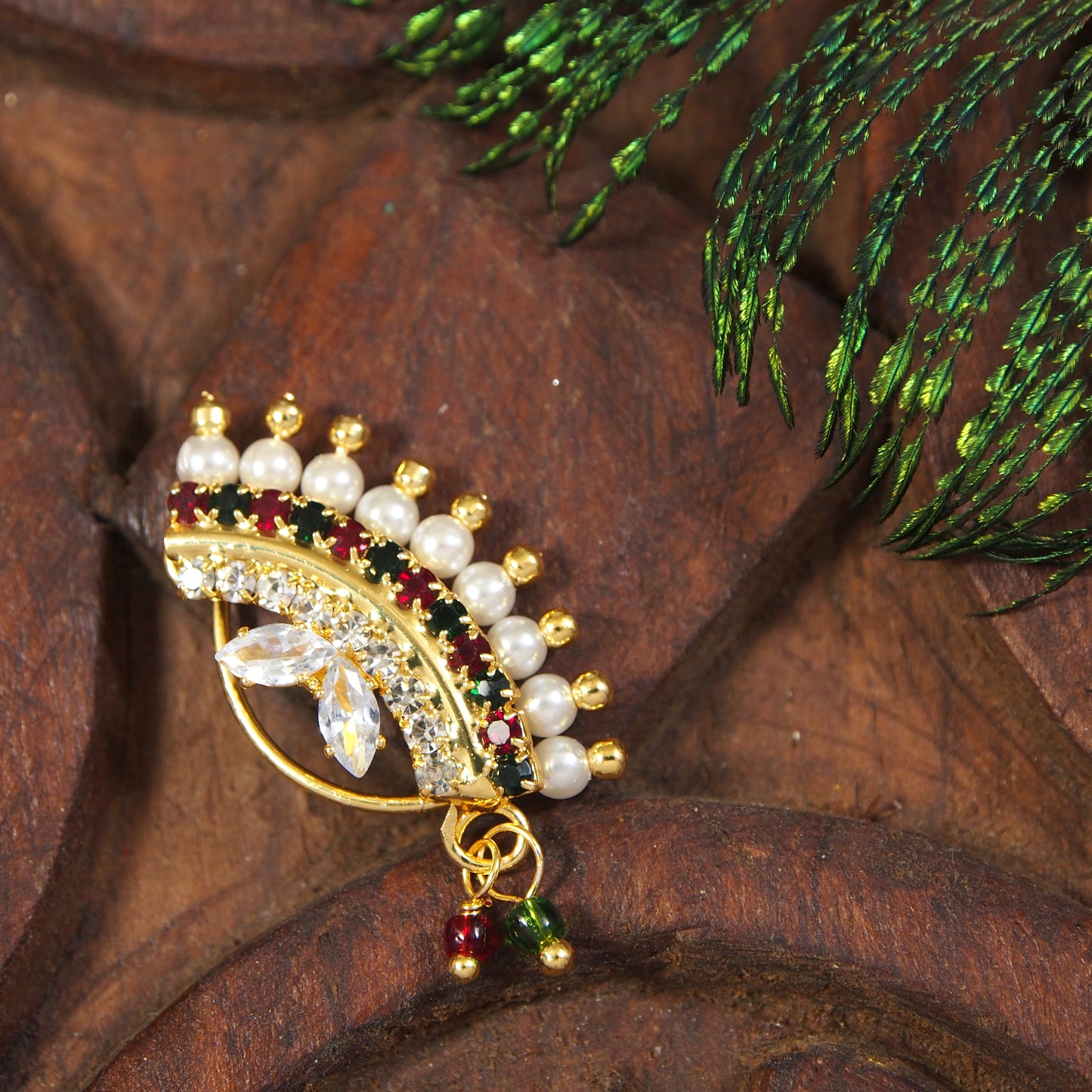 Gold Plated Traditional Ethnic Bridal Maharashtrian Nath Without Piercing Encased With Pearl Stone For Women/Girls