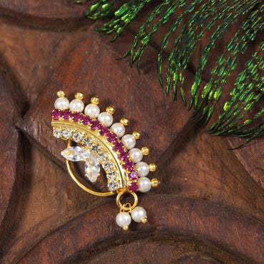 Gold Plated Traditional Ethnic Bridal Maharashtrian Nath Without Piercing Encased With Pearl Stone For Women/Girls