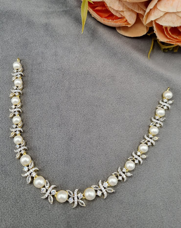 Graduated Pearl & Foliage American Diamond Necklace Set with Drop Earrings