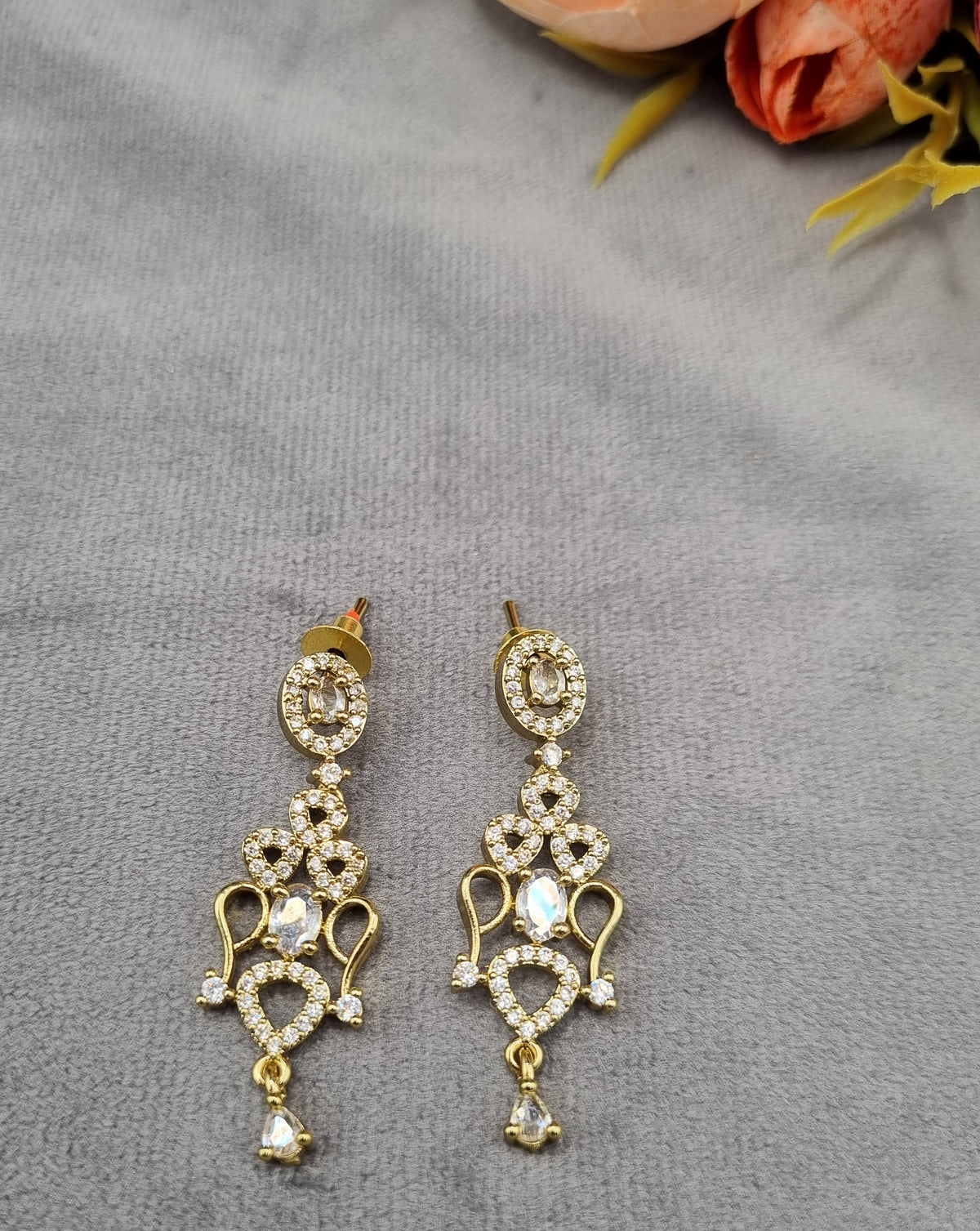 Filigree Paisley American Diamond Necklace Set with Chandelier Earrings