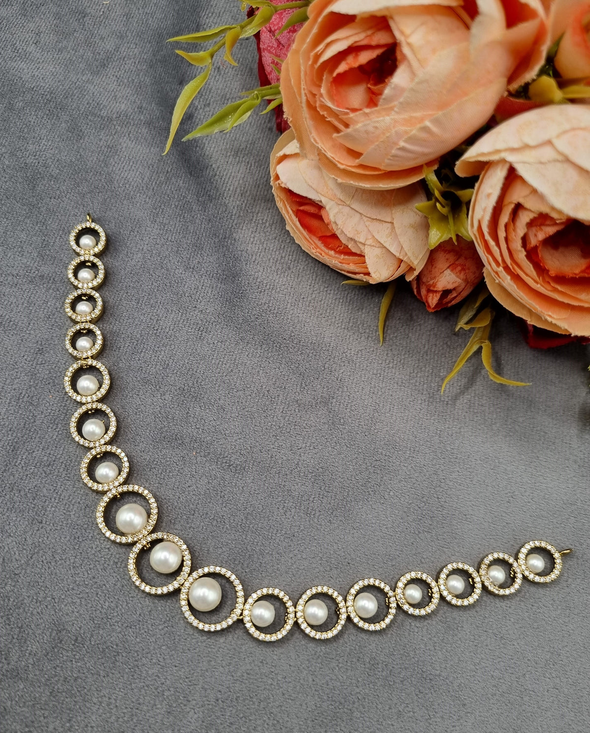 American Diamond Halo Pearl Necklace and Earrings Set