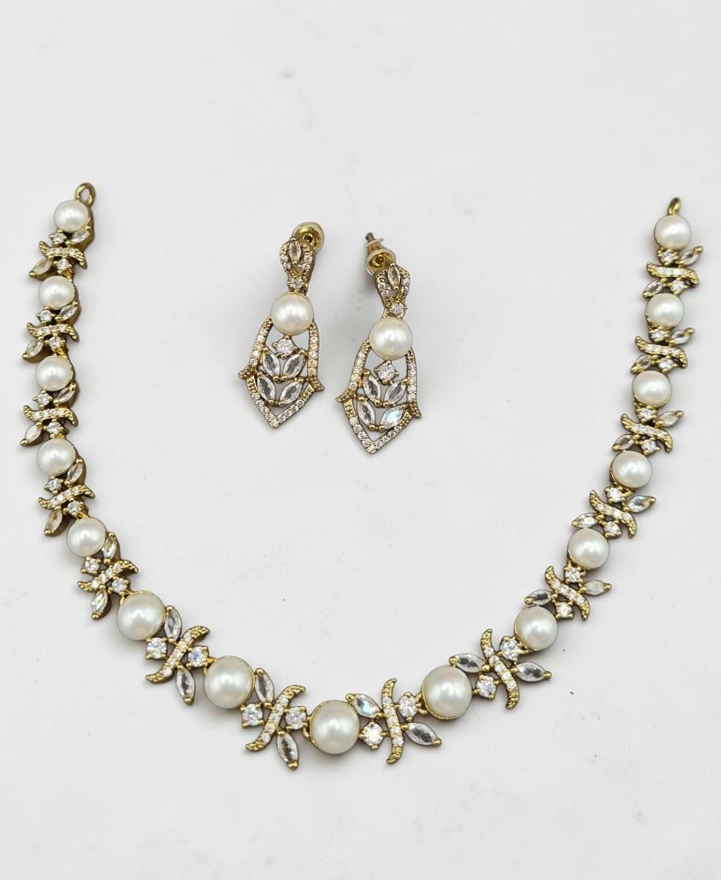 Floral Pearl Choker Necklace and Earrings Set American Diamond