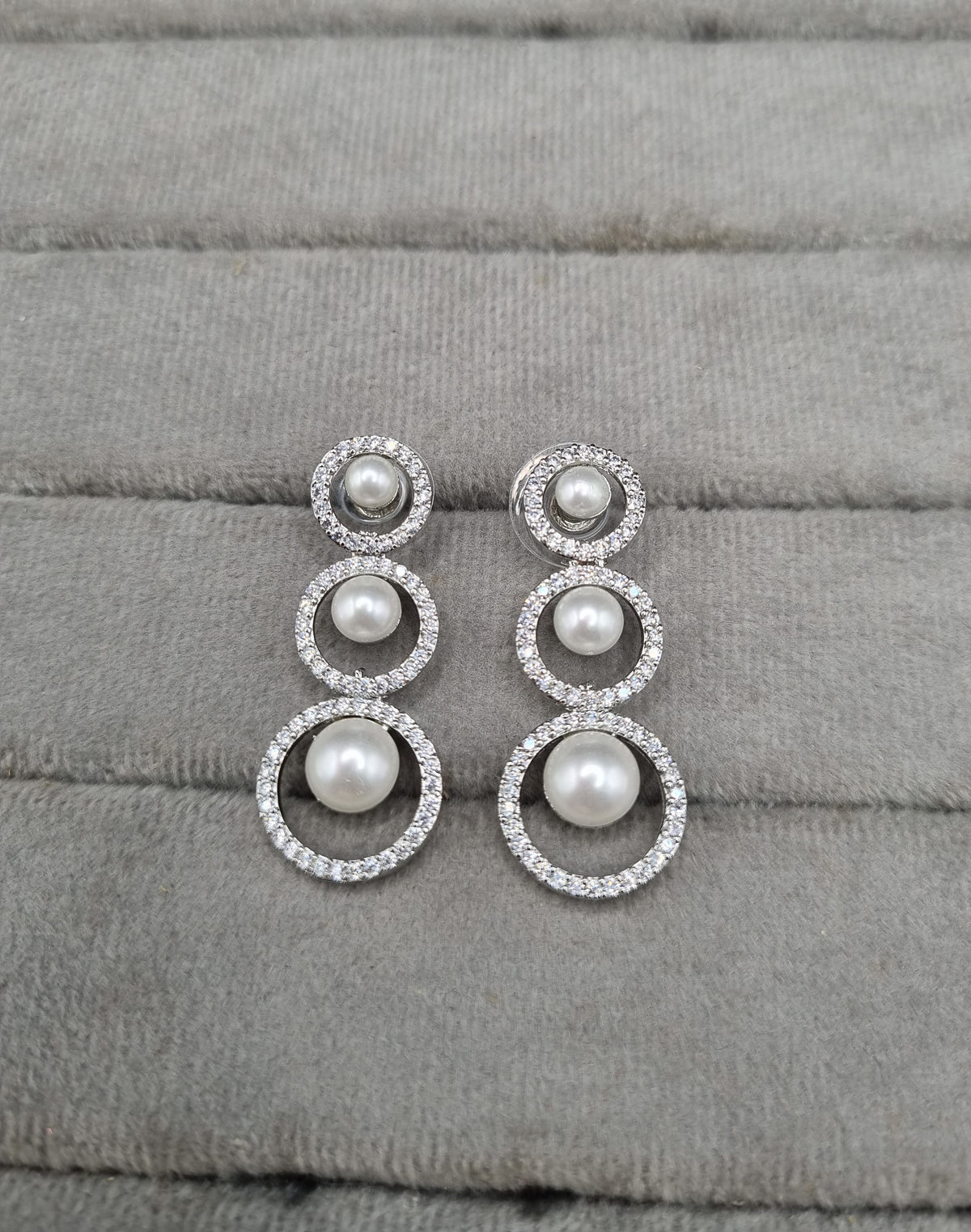 Graduated Pearl Halo Circle American Diamond Necklace Set with Drop Earrings