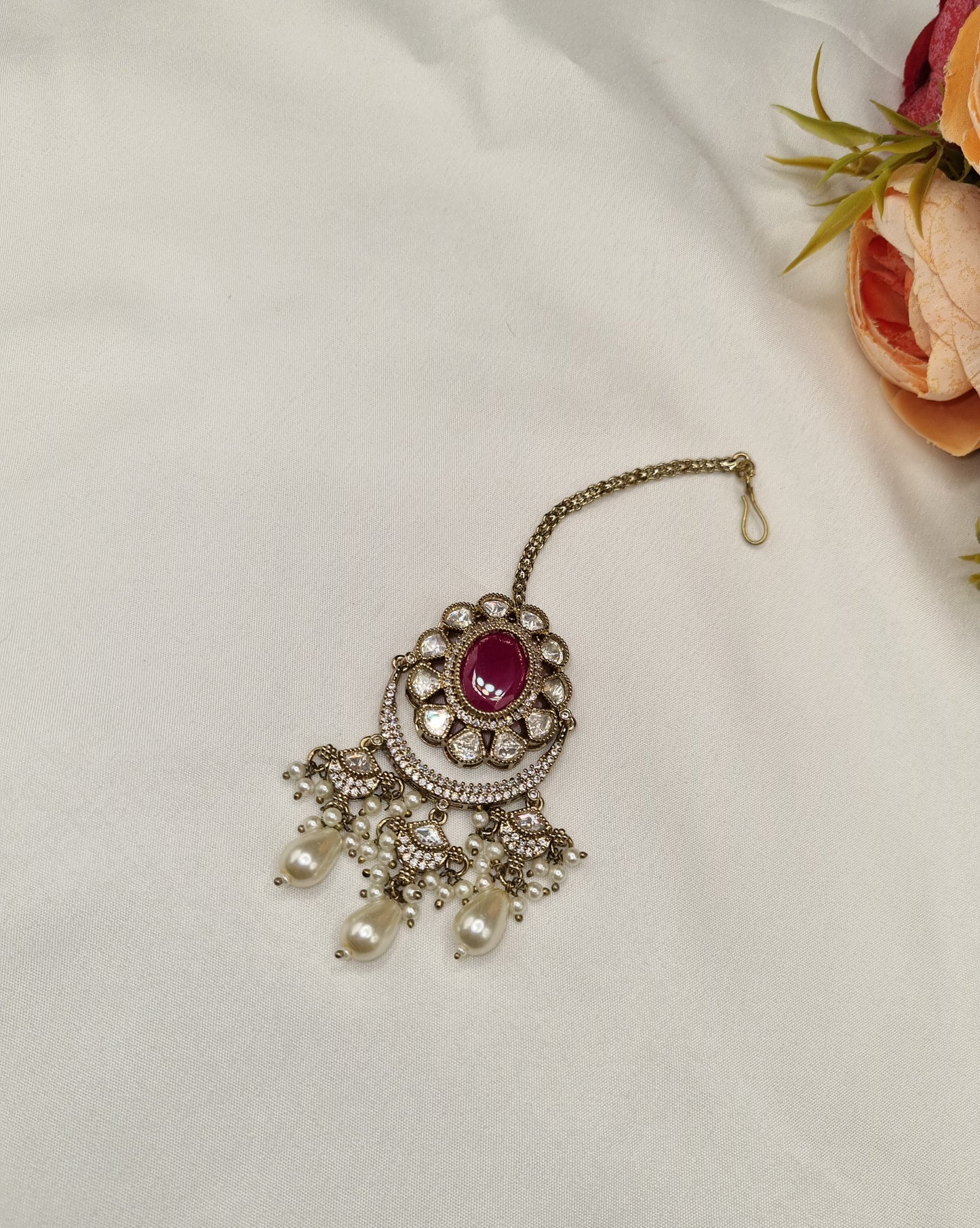 Ruby Pink Kundan Choker Set with Maang Tikka and Earrings