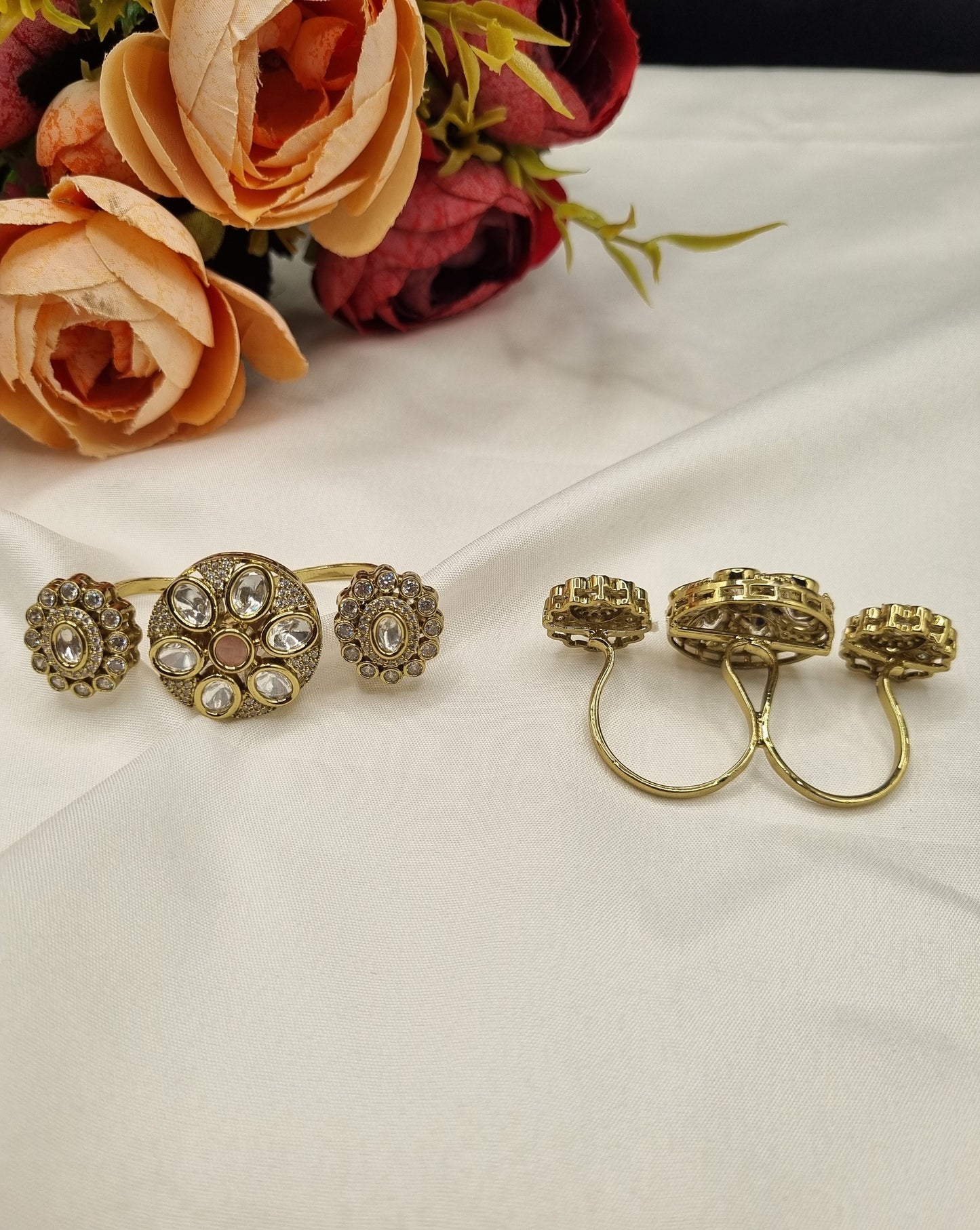 Floral Three-Finger Kundan Ring