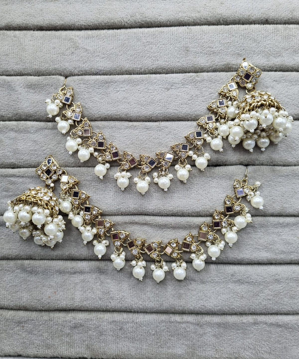 Square Stud Pearl Jhumkas with Ear-to-Hair Chains