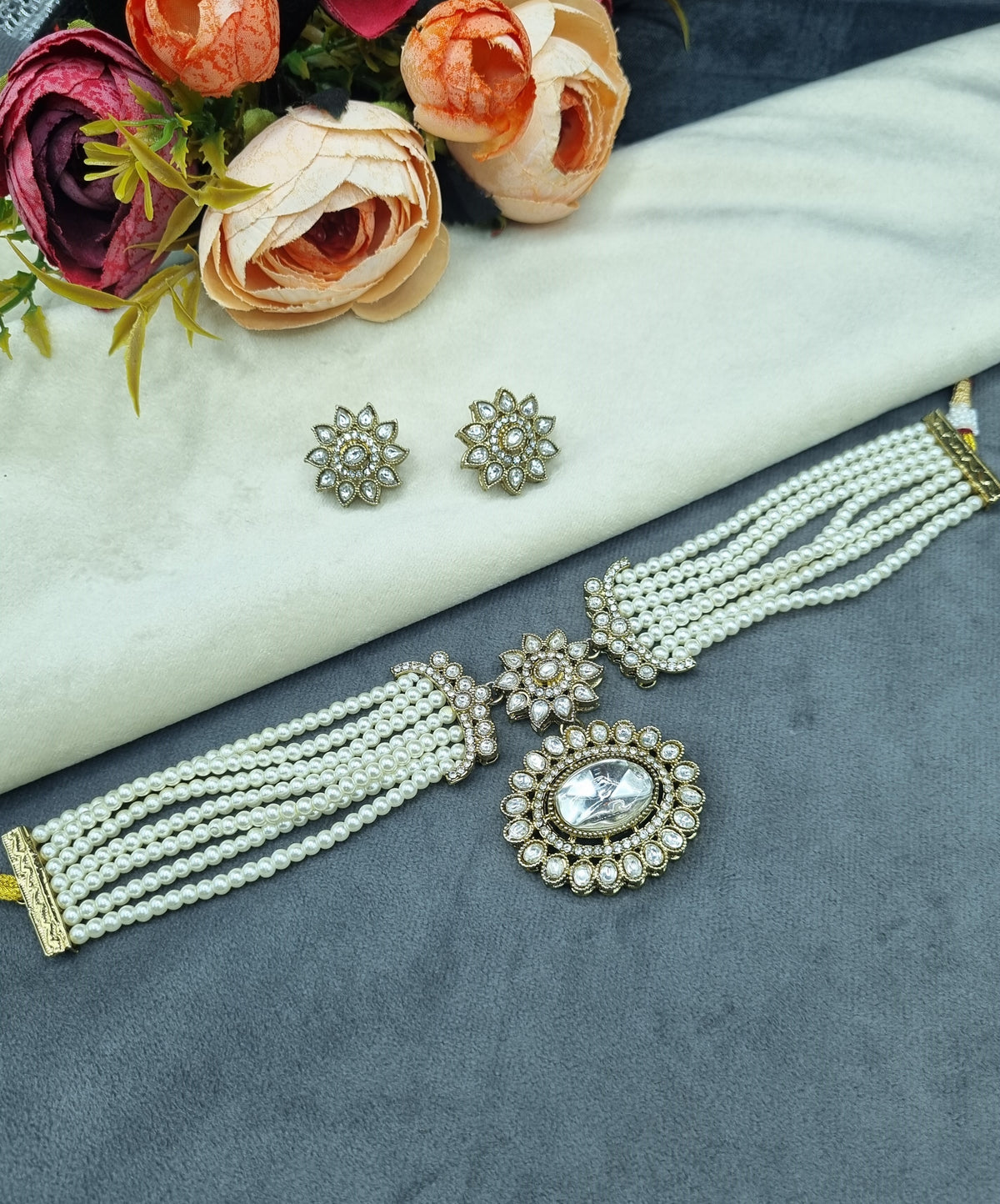 Traditional Multi-Layer Pearl Choker Set with Floral Studs