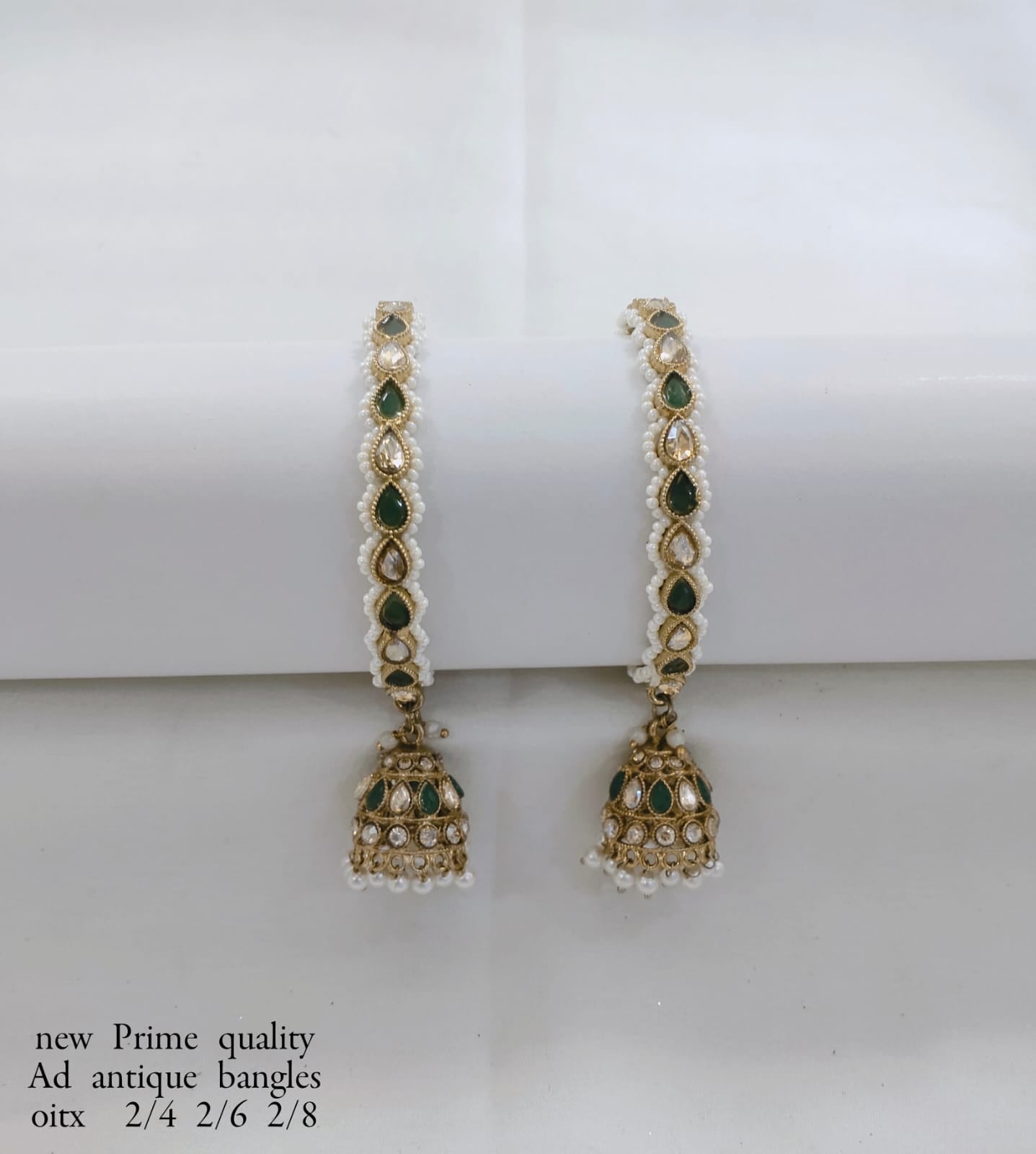 Antique Gold-Plated Bangle with Stones and Pearl Jhumka Drops – Prime Quality