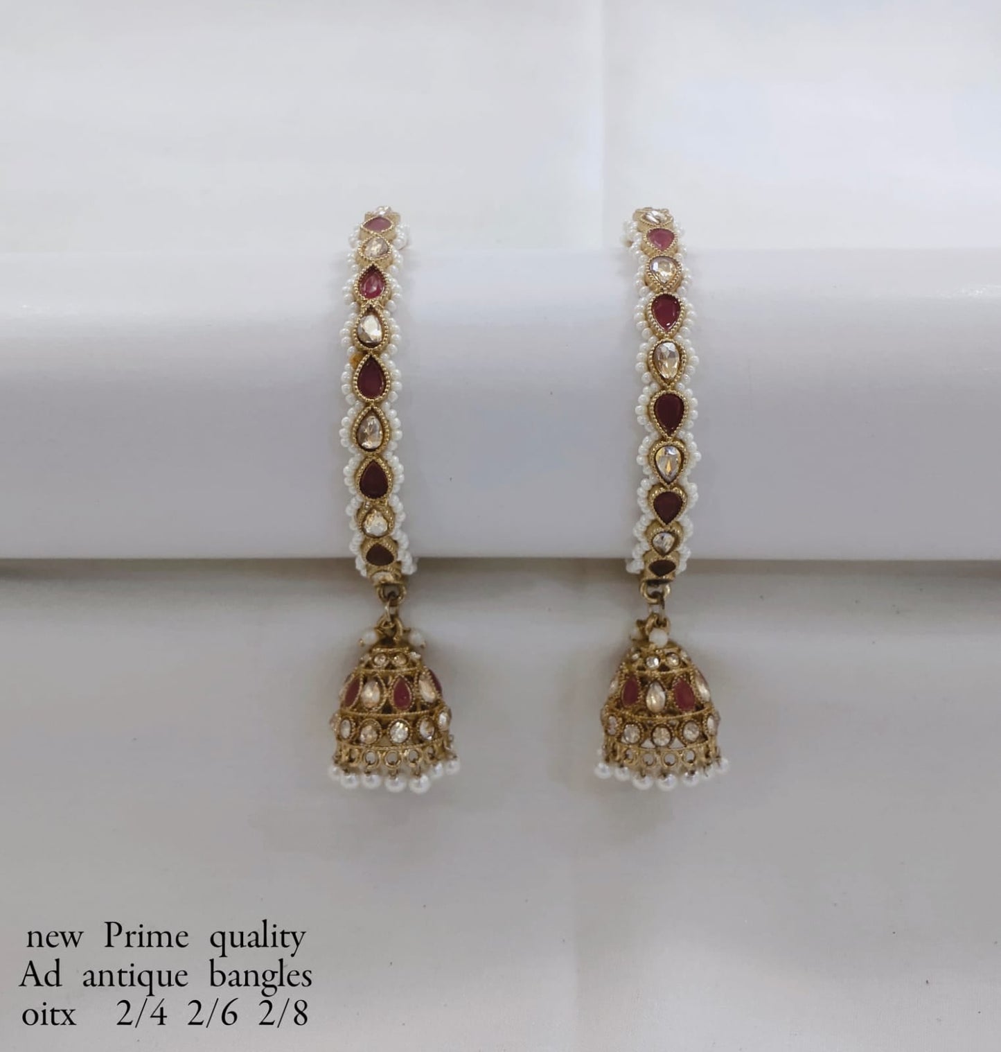 Antique Gold-Plated Bangle with Stones and Pearl Jhumka Drops – Prime Quality