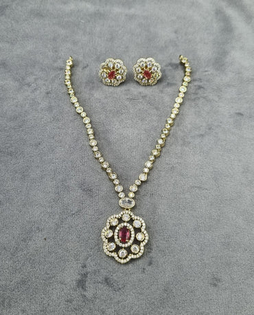 Vintage Floral Amethyst-Toned Pendant Set in Gold Finish with Studs