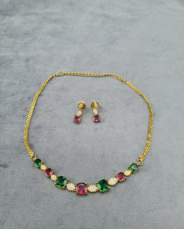 Ruby Red AD Square Stone Necklace Earrings