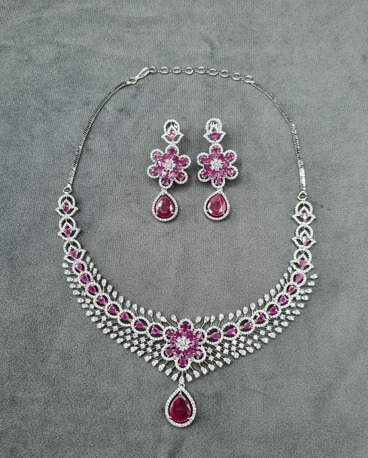 Floral Rani Pink Teardrop AD Necklace Set