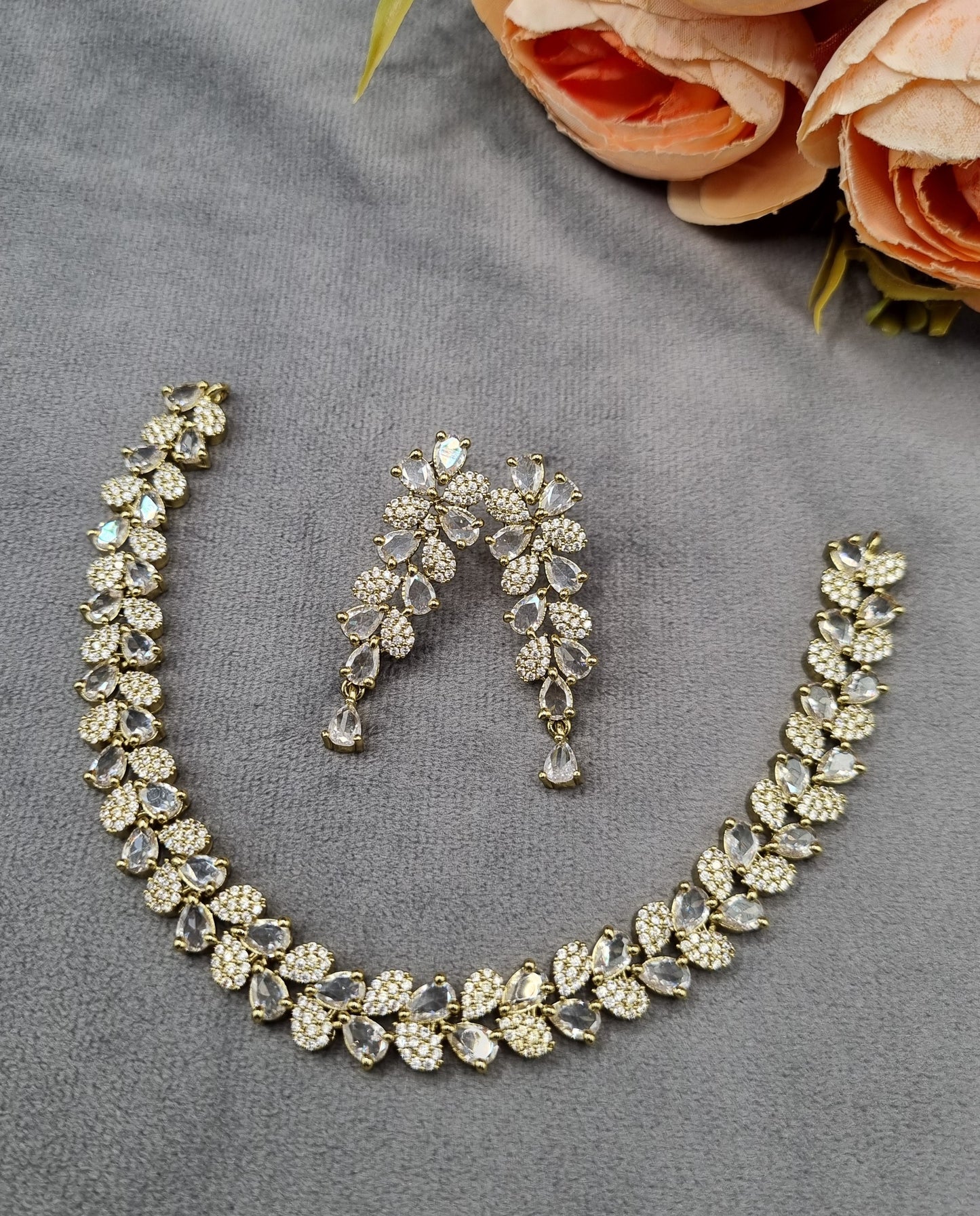 American Diamond Leaf Choker Necklace Set
