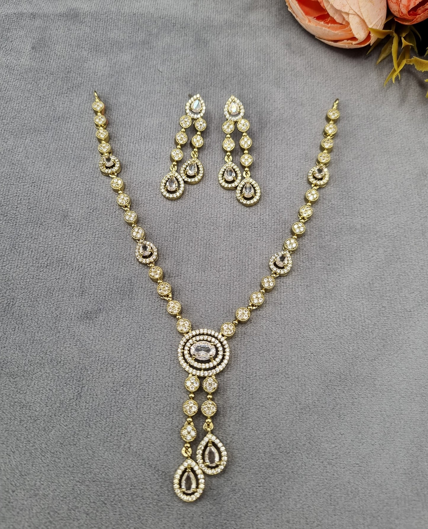 Halo Drop American Diamond Y-Necklace Set