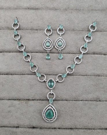 American Diamond Halo Drop Necklace and Earrings Set