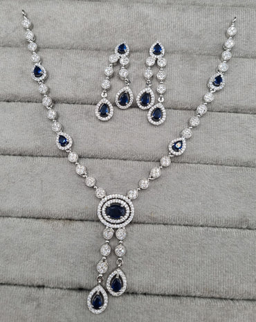 Rhodium Plated American Diamond Drop Necklace Set