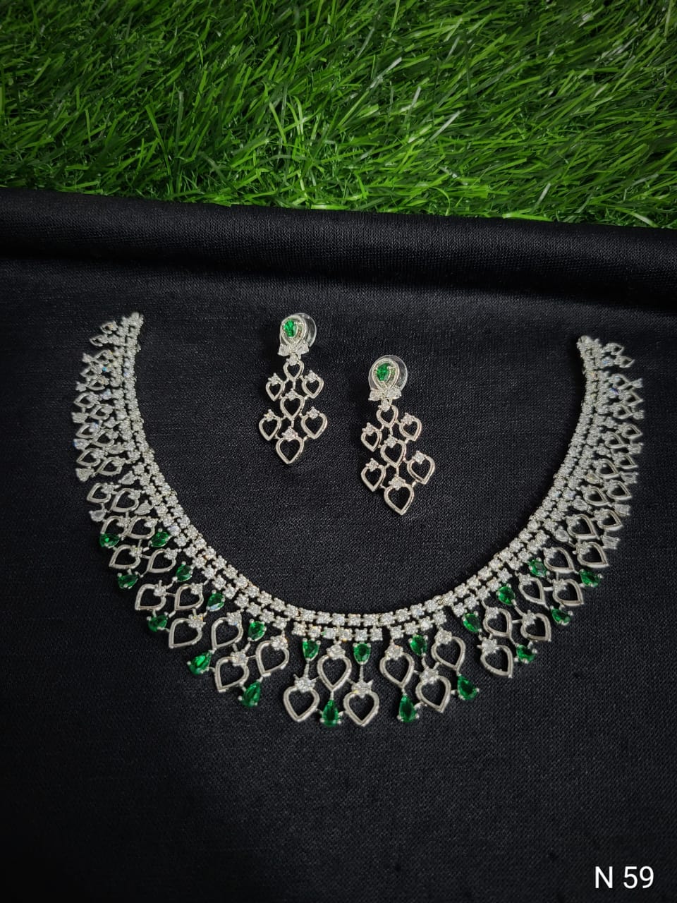 Royal Blue Heart-Filigree AD Choker Set with Chandelier Earrings