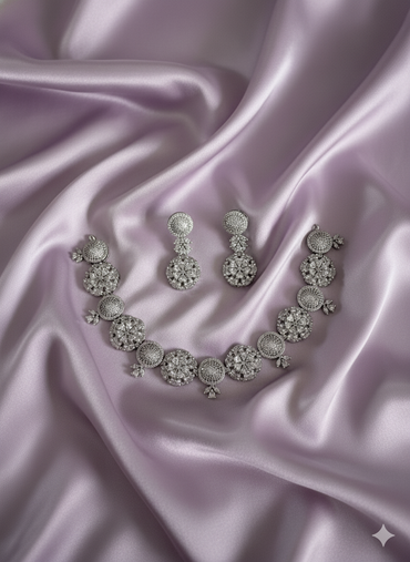 Intricate American Diamond Flower Motif Necklace Set