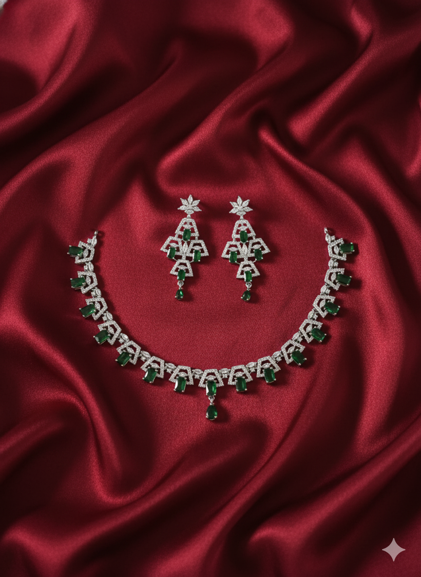 Vibrant Green and White American Diamond Link Necklace Set