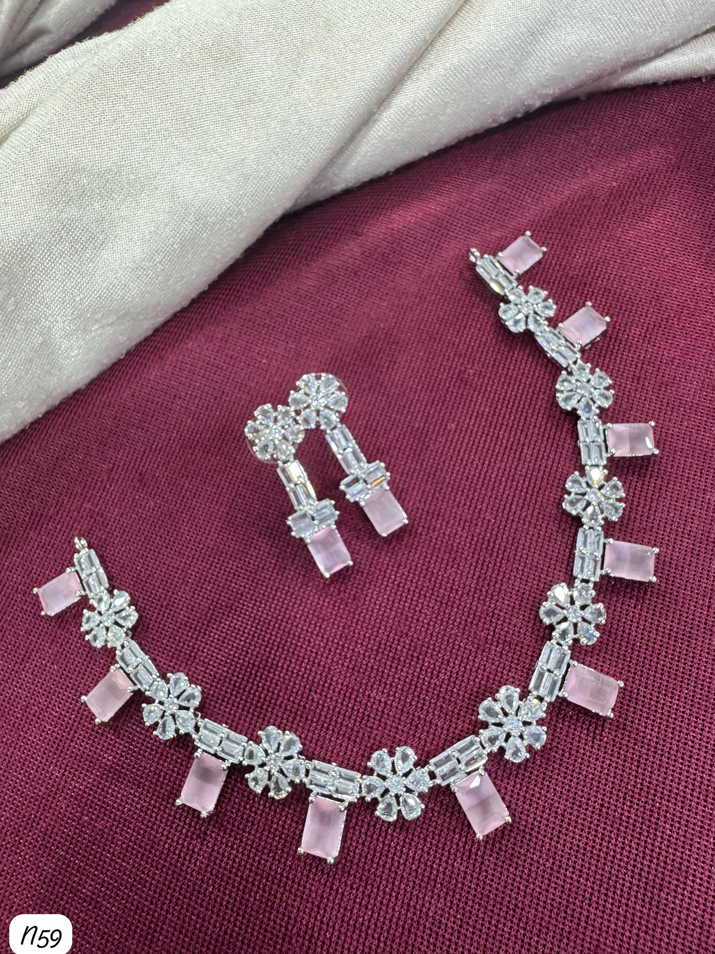 Floral Baguette AD Stone Necklace Set with Earrings – Bridal & Party Wear Jewellery