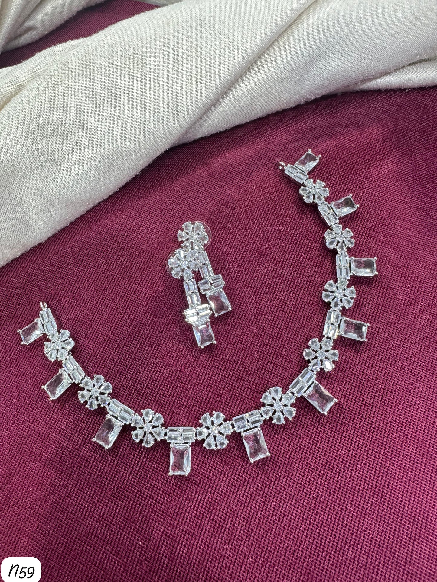 Floral Baguette AD Stone Necklace Set with Earrings – Bridal & Party Wear Jewellery