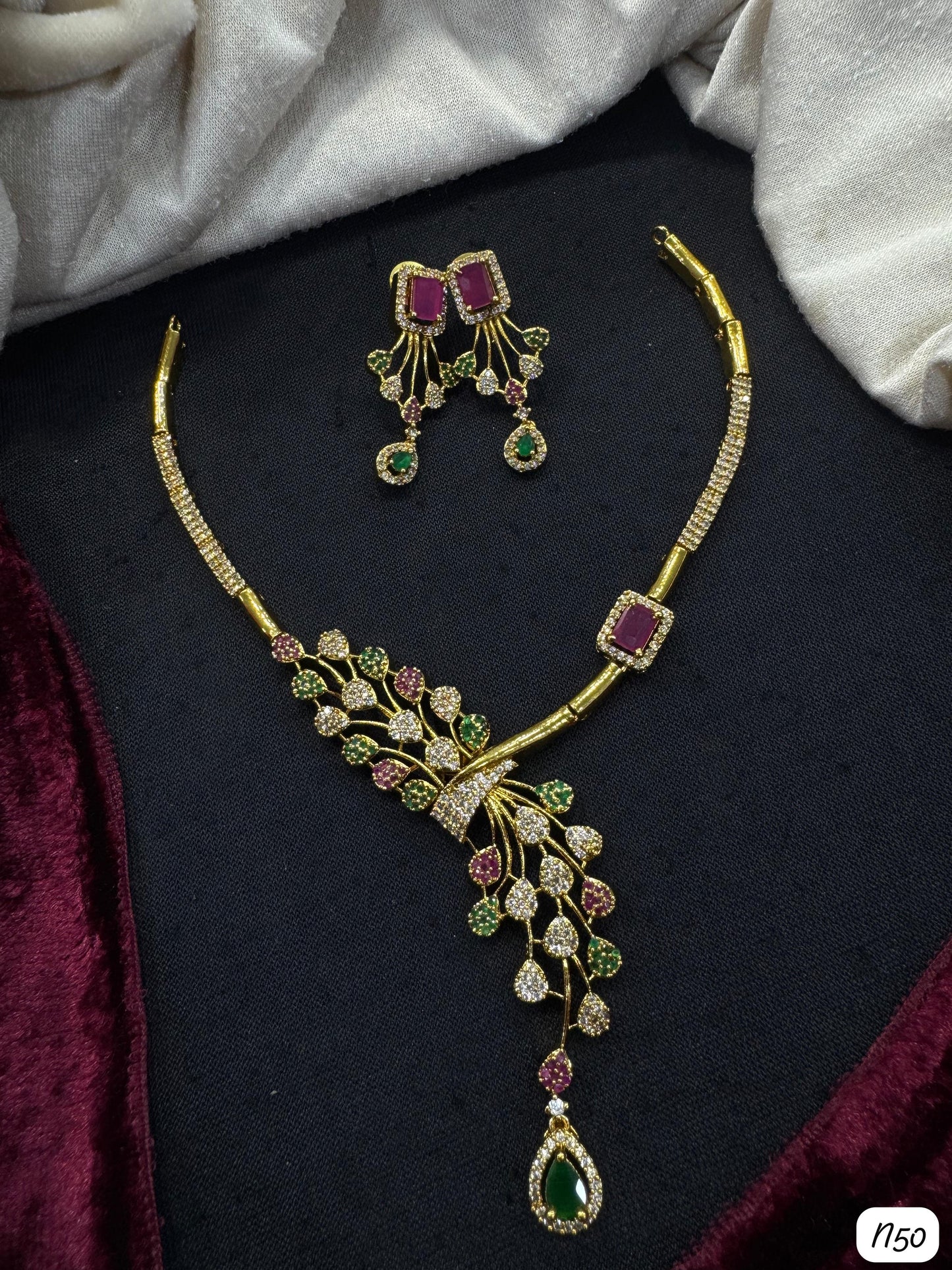 Elegant Pendant Necklace Set – Gold Finish with Sparkling Stones