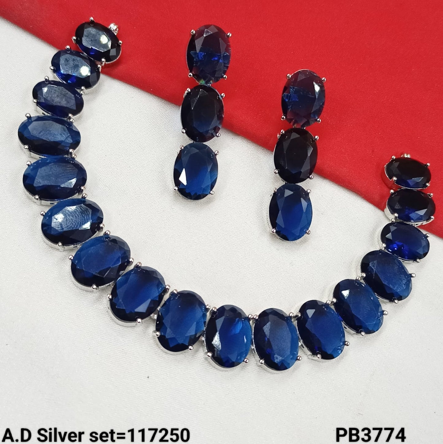 Silver Plated Oval American Diamond Necklace Set