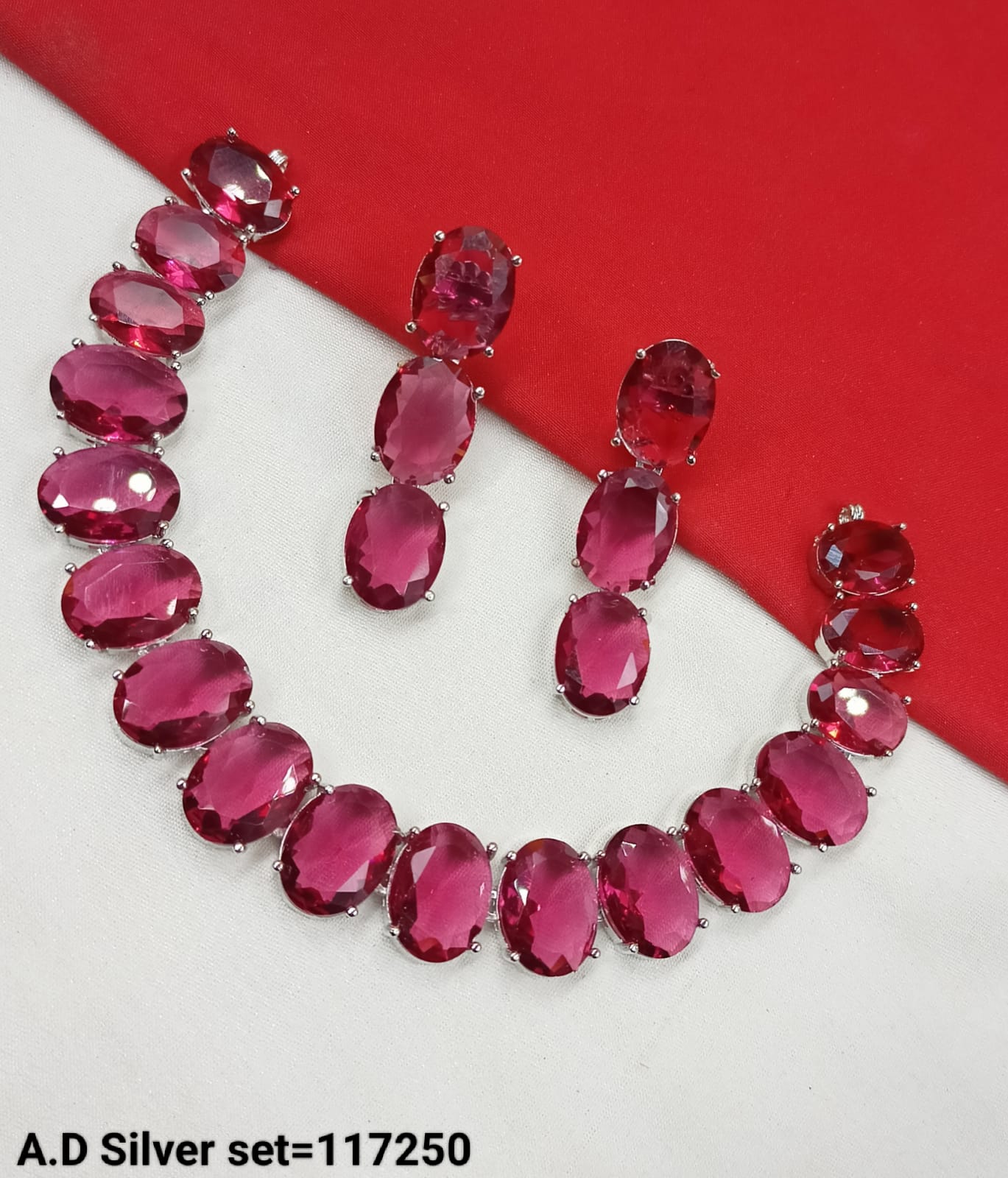 Silver Plated Oval American Diamond Necklace Set