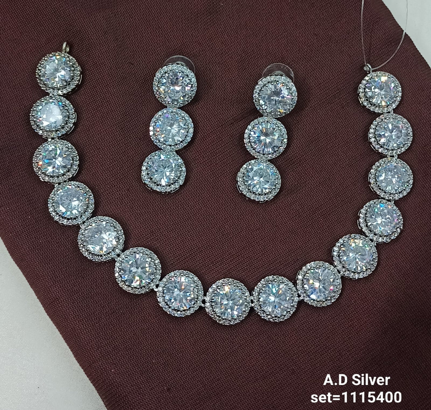 Luxury AD Silver Necklace & Earring Set – Classic Round-Cut Design