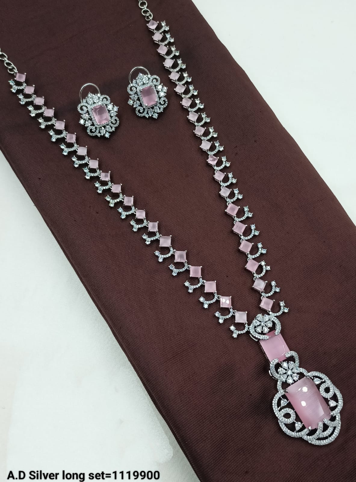 Elegant Silver Long AD Necklace and Earring Set – Stunning Design for Any Occasion