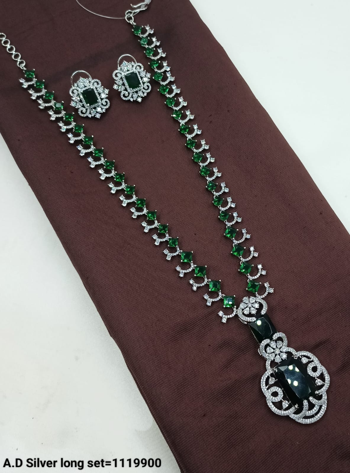 Elegant Silver Long AD Necklace and Earring Set – Stunning Design for Any Occasion