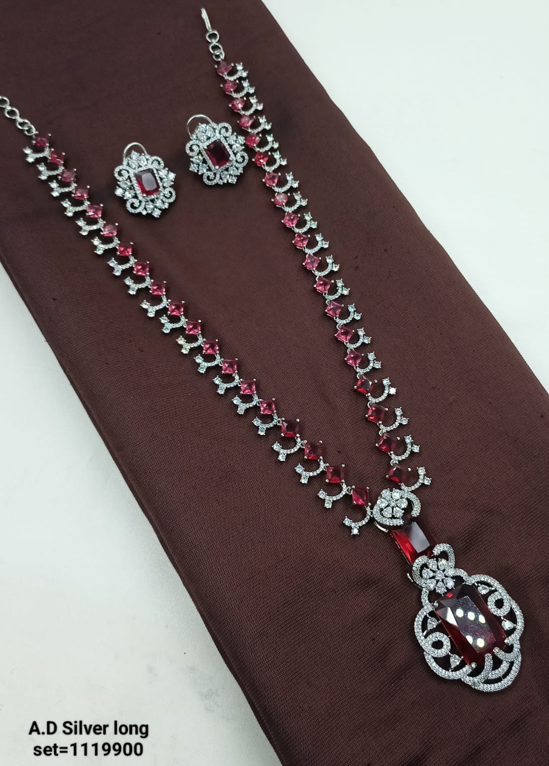 Elegant Silver Long AD Necklace and Earring Set – Stunning Design for Any Occasion