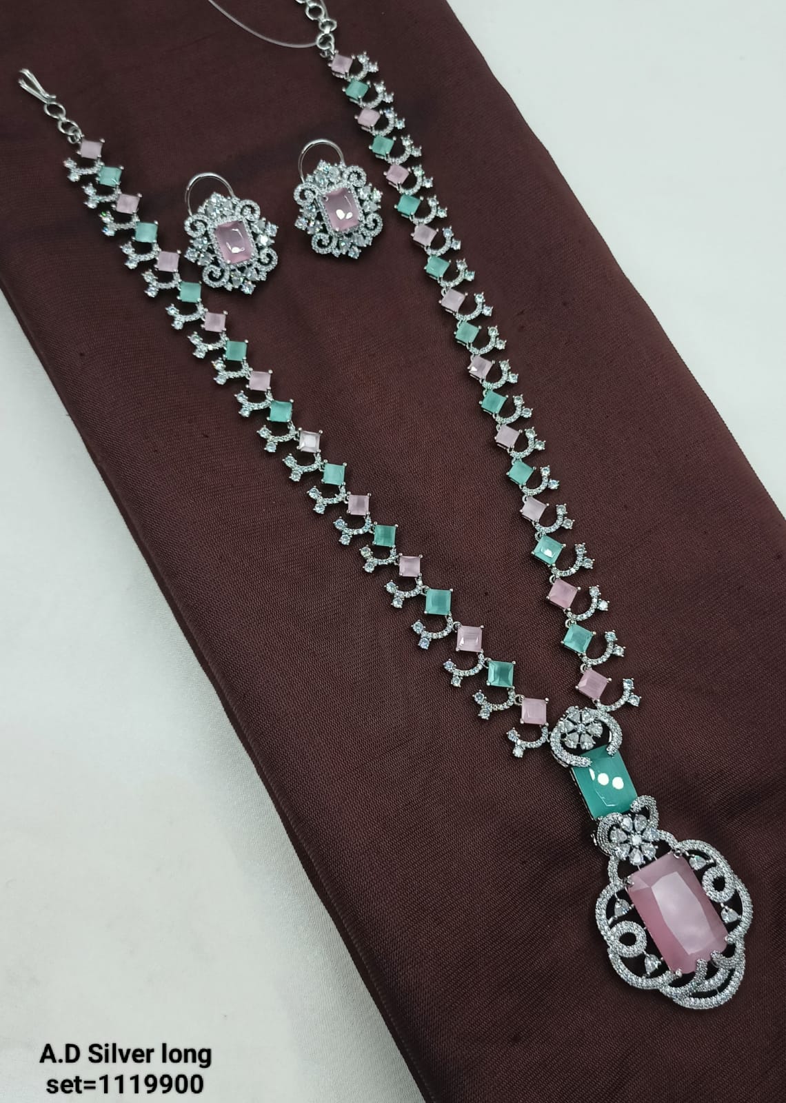 Elegant Silver Long AD Necklace and Earring Set – Stunning Design for Any Occasion