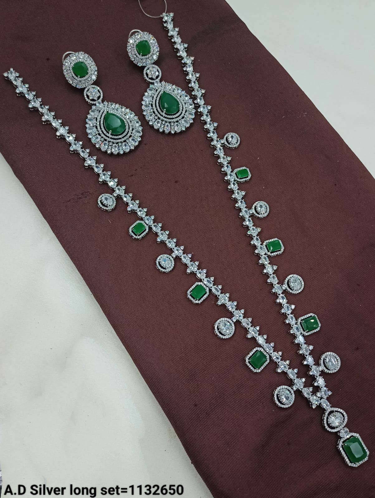AD Silver Long Necklace and Earring Set with Stone Detailing - Lucentemarket