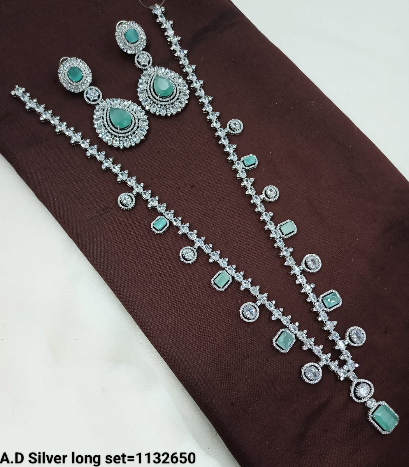 AD Silver Long Necklace and Earring Set with Stone Detailing - Lucentemarket
