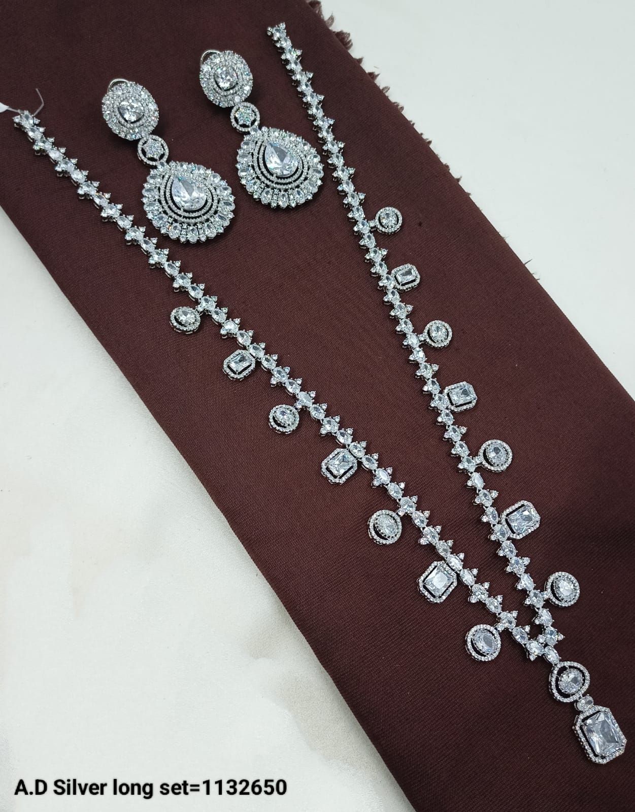 AD Silver Long Necklace and Earring Set with Stone Detailing - Lucentemarket