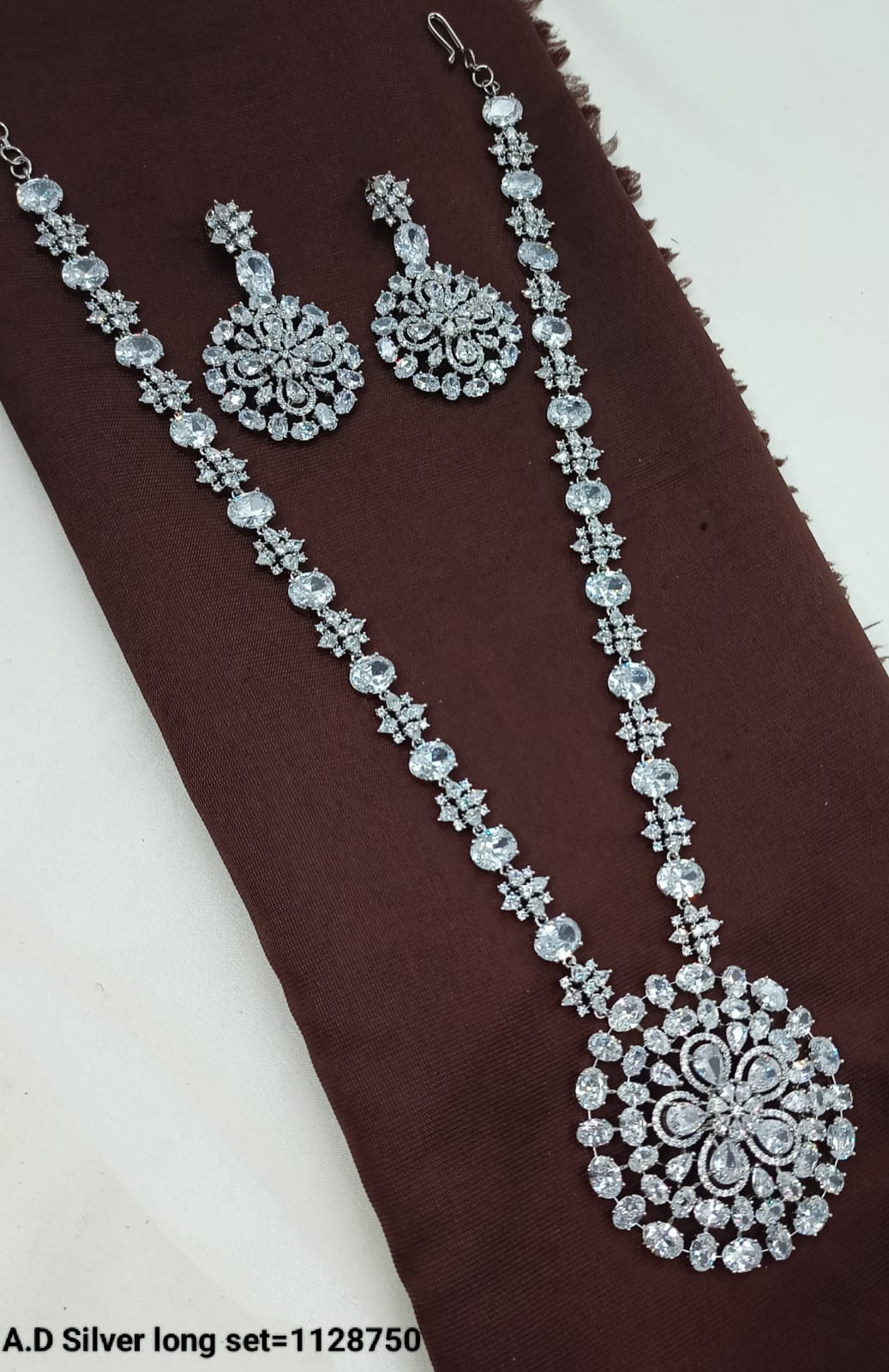 American Diamond Silver Long Necklace Set with Floral Pendant Design